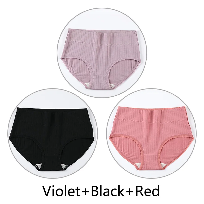 Violet Black Red 3 шт. Трусики с высокой талией женские Натуральные Шелковые антибактериальные промежности 4XL Большие размеры трусы мягкие дышащие размер плюс нижнее белье бесшовные - Цвет: Violet Black Red