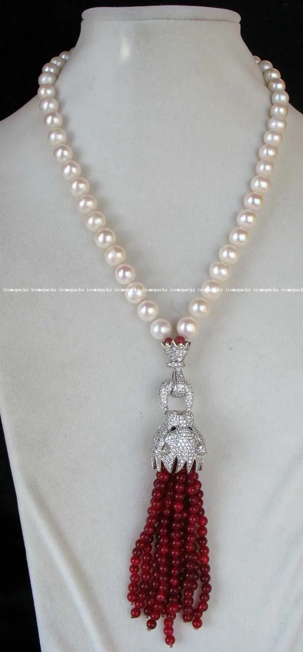 wholesale 9-10mm white round freshwater pearl and inlay CZ leopard clasp 4mm red agates necklace 18