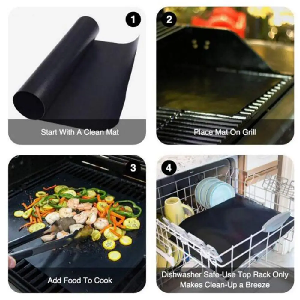 4Pcs Reusable Non-stick BBQ Grill Mats with Basting Brush Heat Resistant Cooking Baking Grilling Sheet Barbecue Accessories Tool |