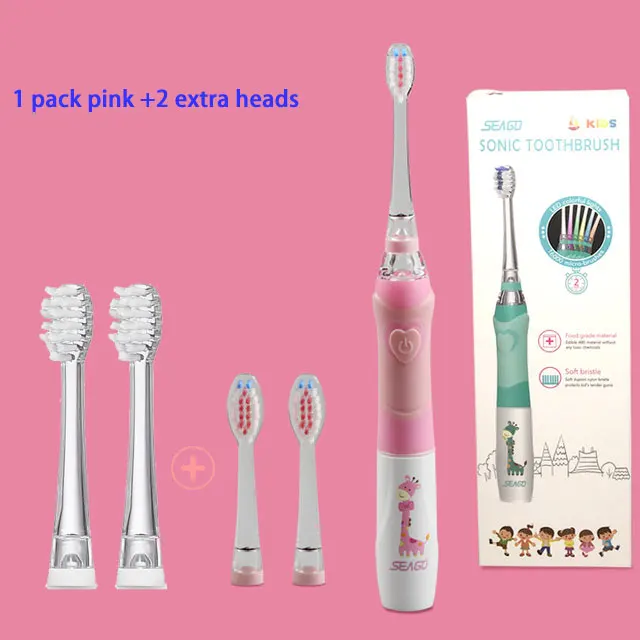 1 pink and 2 heads Электрическая зубная щетка Seago для детей, яркий светодиодный фонарик с частотой 16000 ударов Dupont щетиной, 2 головки, звуковая вибрация - Цвет: 1 pink and 2 heads
