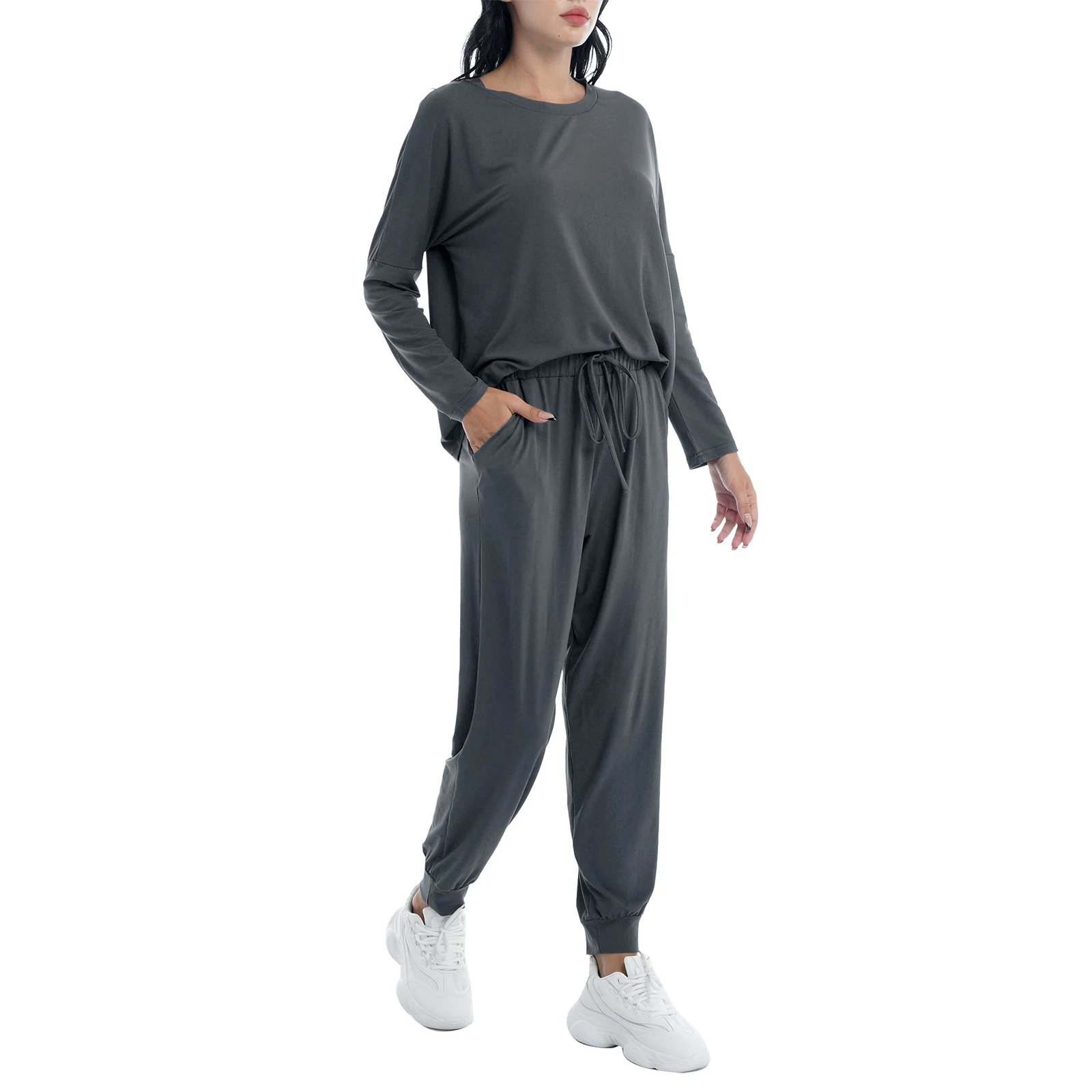 2Pcs Loungewear Women Pajama Set Jogger Suit Long Sleeve Round Neck Pants Sleepwear HomeWear
