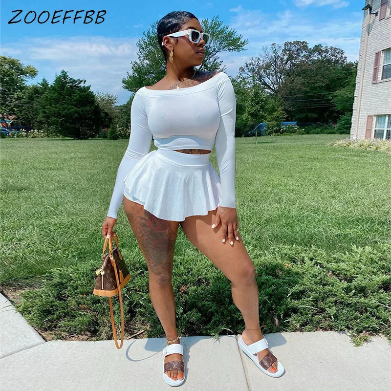

Женский спортивный костюм ZOOEFFBB, однотонный костюм из двух предметов, соблазнительная Клубная одежда, короткий топ с длинным рукавом и мини-...