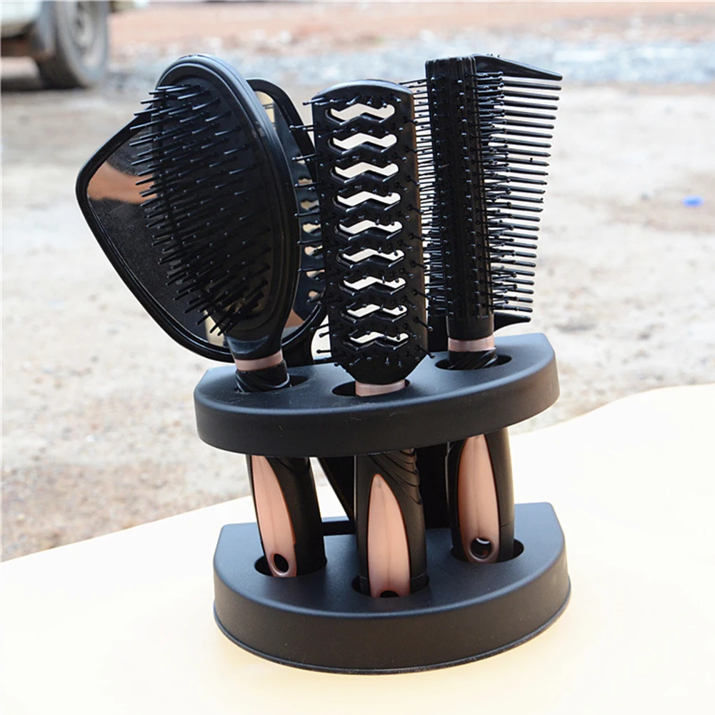 

5pcs Makeup Ladies Tool Nonslip Salon Home Massage Portable Combs Mirror Hair Brush Styling Set Women With Holder Random Color