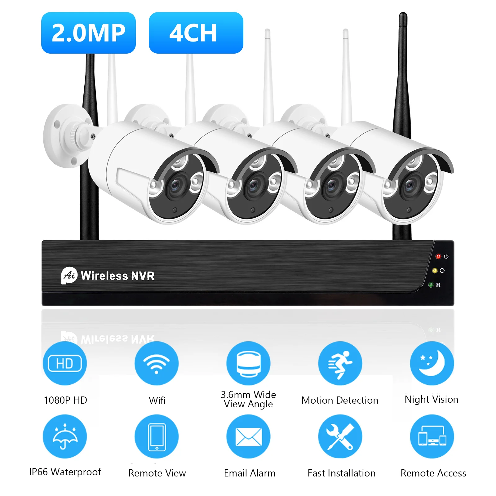 

1080P 4CH HD Беспроводная система безопасности, 4CH NVR + 4 шт. WiFi ip-камера 1080P камера видеонаблюдения с ночным видением