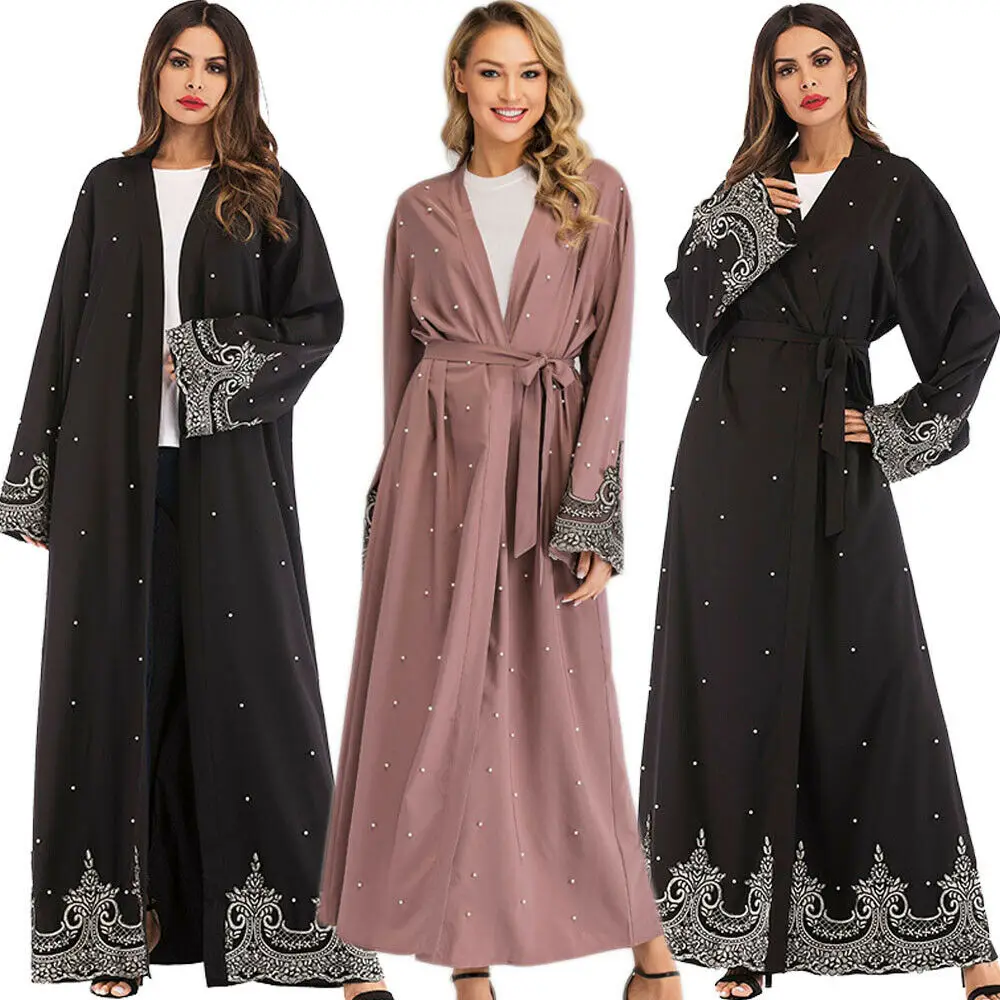 Рамазан Oepn Абая Дубай, Турция Кафтан мусульманский женский хиджаб платье кимоно Кафтан Исламская одежда бусины кардиган арабский халат