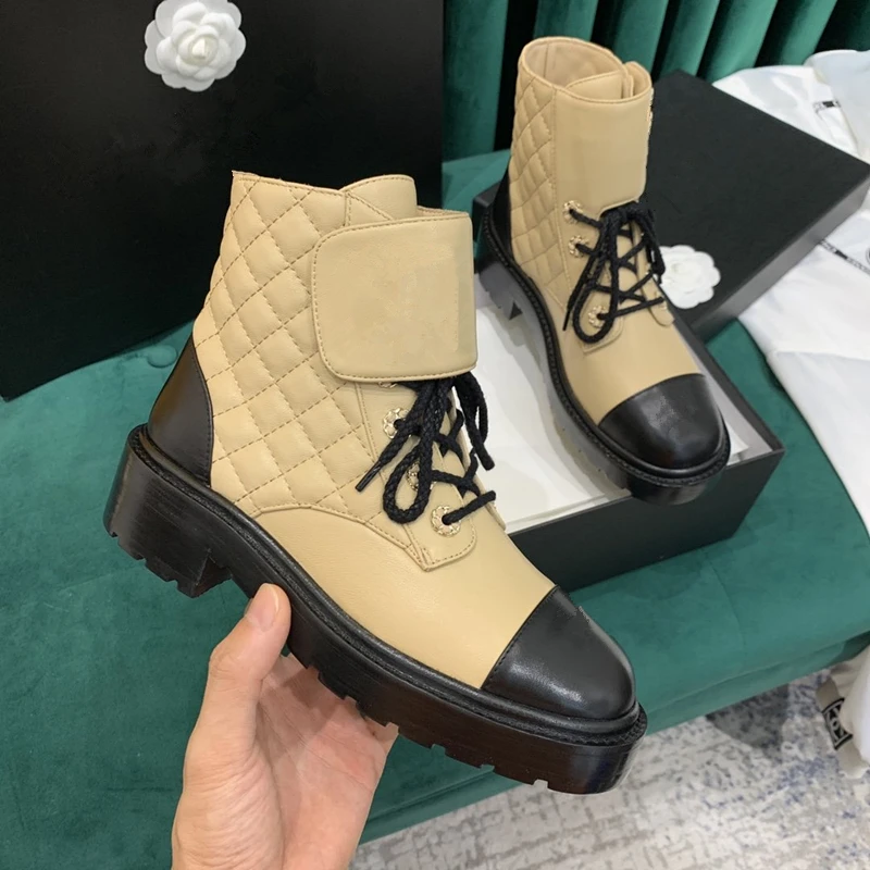 

Nova marca de luxo de moda lace up couro Martin botas de Velcro botas de tornozelo feminino de sola grossa