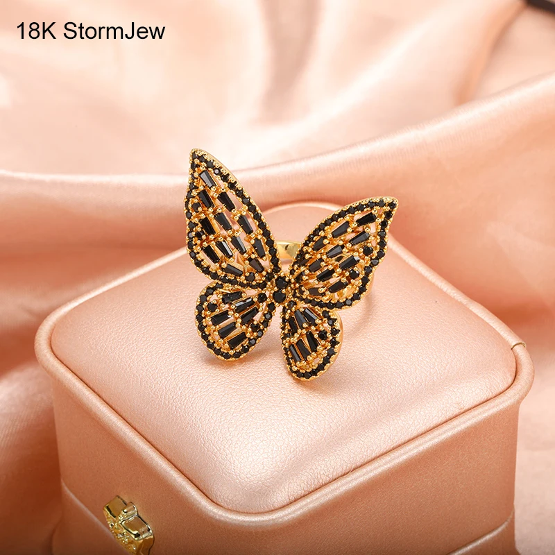 

Gold Butterfly Rings For Women Black Zircon Stainless Steel Open Ring Adjustable Finger Accessories Fashion Jewelry Party Gifts