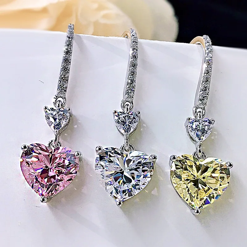 

Wong Rain 925 Sterling Silver Created Moissanite Citrine Pink Sapphire Gemstone Engagement Heart Dangle Earrings Fine Jewelry