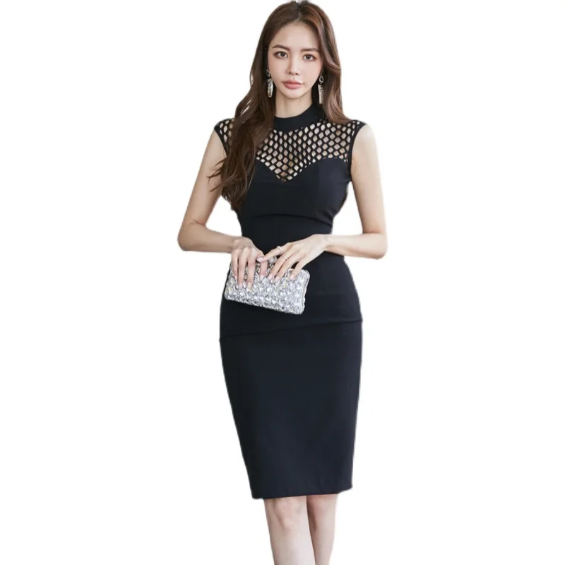 

Summer Elegant Simple Style White/Black hollow out Mesh Sleeveless Bodycon Formal Party Dress 2021