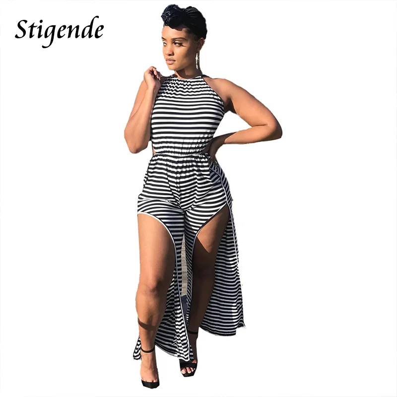 

Женский полосатый комбинезон без рукавов, с разрезом и принтом