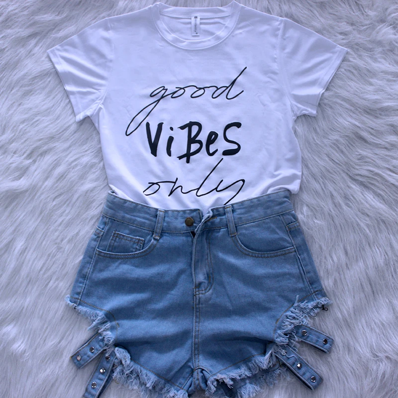 Только Good Vibes футболки Для женщин Лето Тонкий Kawaii футболка полиэстер высокое