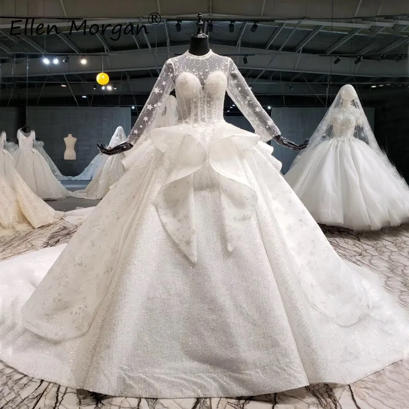Ivory Glitter Long Sleeves Ball Gowns Wedding Dresses 2020 Elegant Corset Lace Puffy Backless Princess Bridal for Women | Свадьбы и