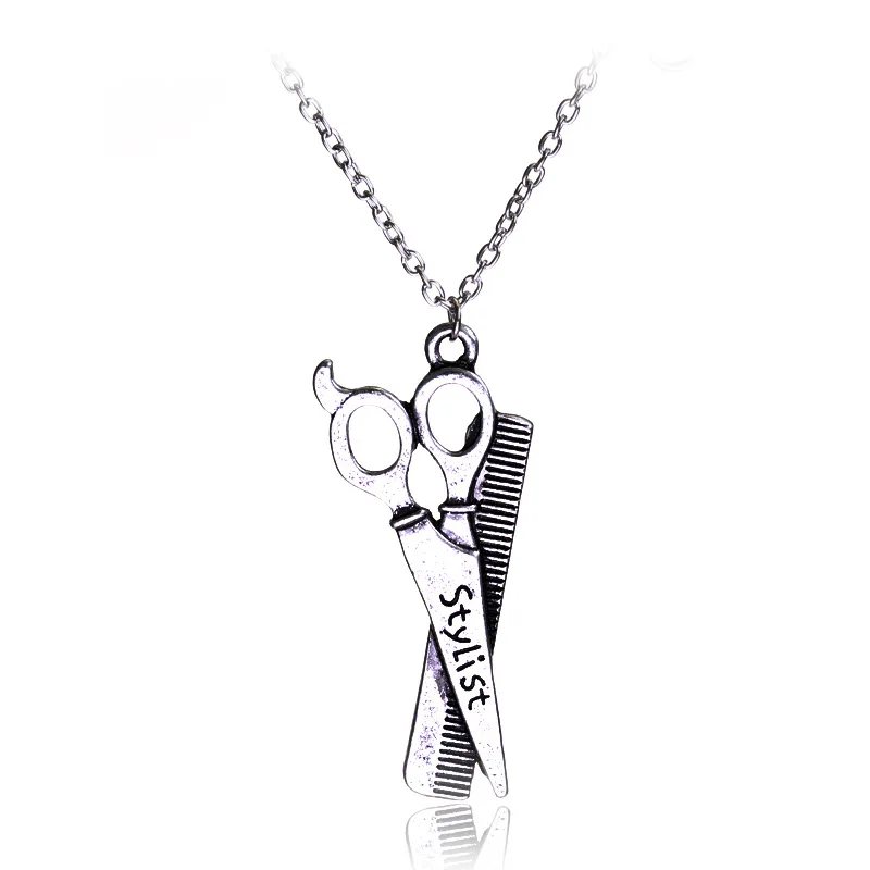

Antique Silver Scissors Comb Pendant Necklace Hair Hairdressing Stylist Jewelry Accessories Gift