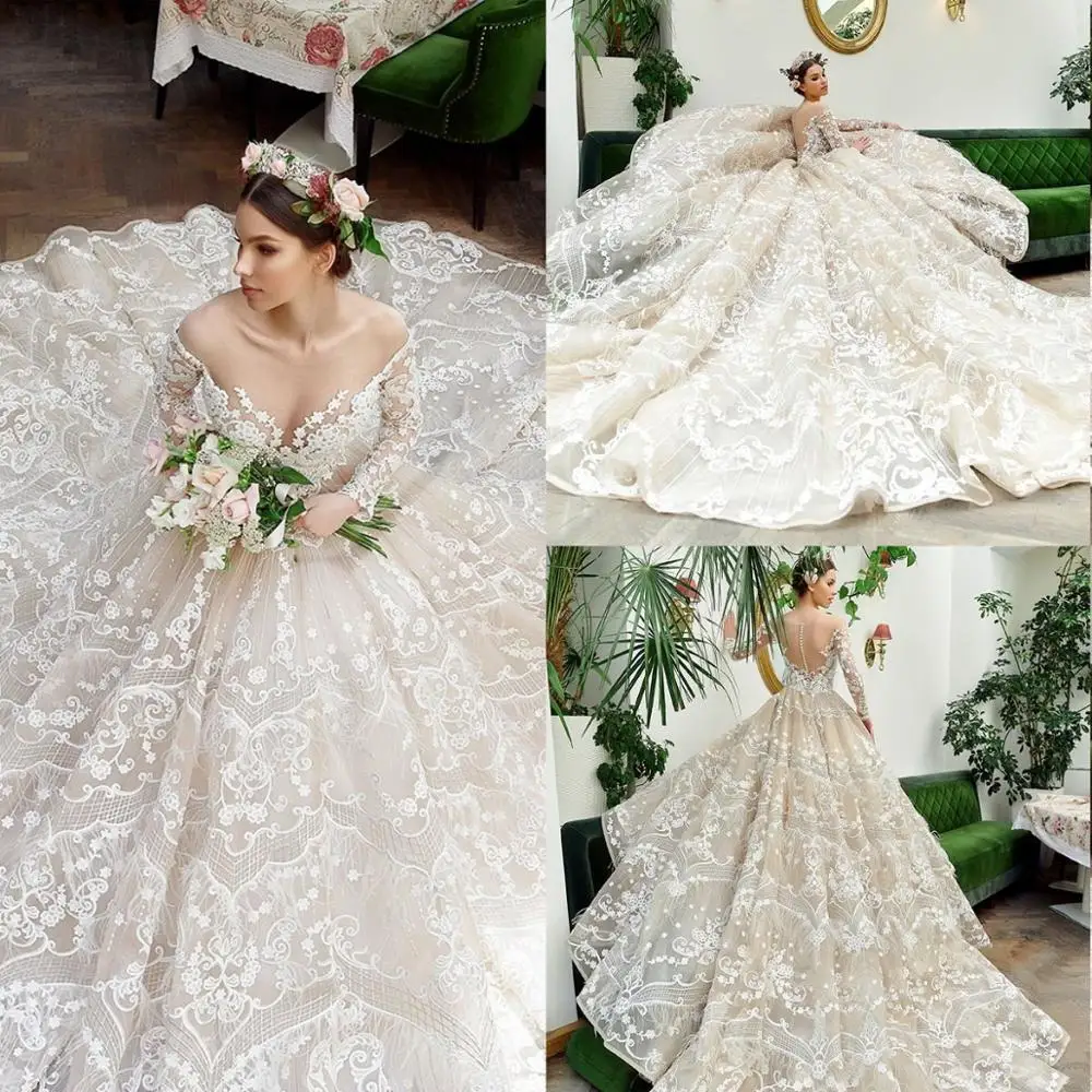 

Exquisite Lace Long Sleeves Wedding Dress Boho Chic 2020 A Line Bridal Dress Cheap Sweep Train Robes De Mariée