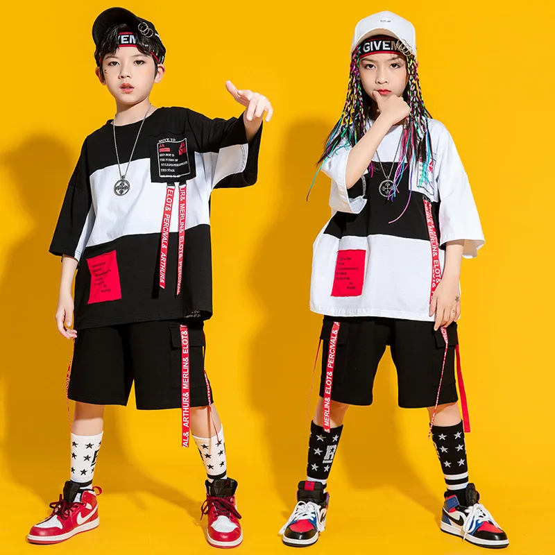 Kid Hip Hop Clothing Graphic Tee Oversized T Shirt Top Streetwear Summer Strap Cargo Shorts for Girls Boys Dance Costume Clothes