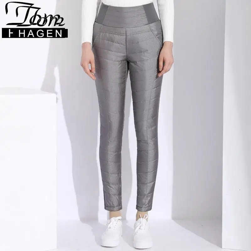 Классические зимние брюки на утином пуху женские утепленные бархатные черные