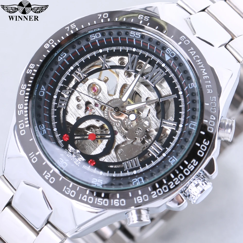 

New WINNER Relojes Watches Top Branded Mens Classic Stainless Steel Self Wind Skeleton Mechanical Watch Fashion Cross Wristwatch