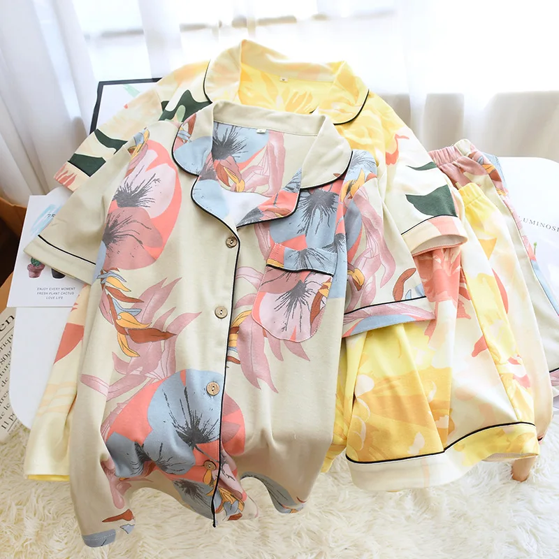 

Summer Women Pajamas Set Knit Cotton Short Sleeve Sleepwear with Shorts Thin Loose Women's Fashion Cardigan Casual Home Wear