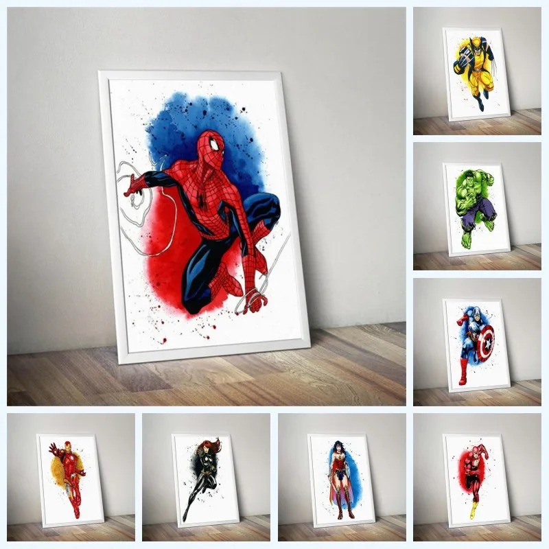 

Watercolor Marvel Superhero on The Canvas Painting Posters and Prints Wall Pictures for Kids Bedroom Cuadros Decor