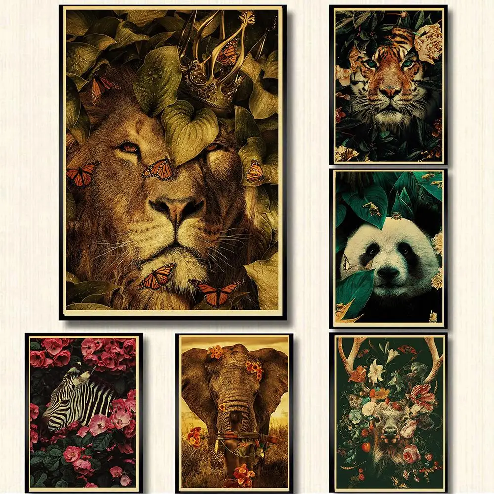 

Wild Deer Leopard Tiger Lion Elephant Panda Animal Flower Wall Sticker Retro Poster Art Modern Home Living Room Deco Murals Cafe