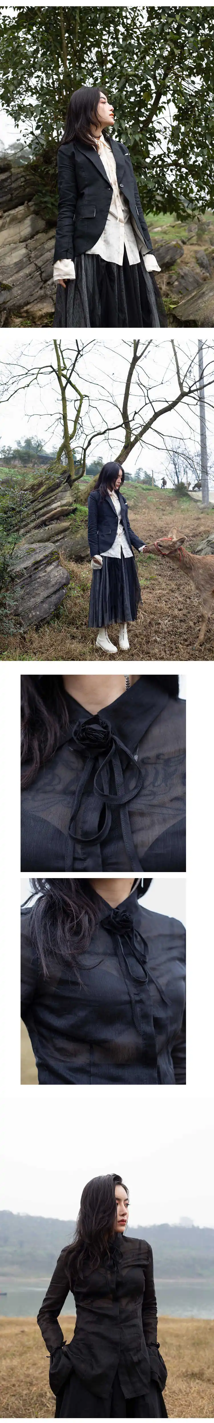 [EAM] Women Black Flare Sleeve Bandage Loose Temperament Blouse New Lapel Loose Fit Shirt Fashion Tide Spring Autumn JR475