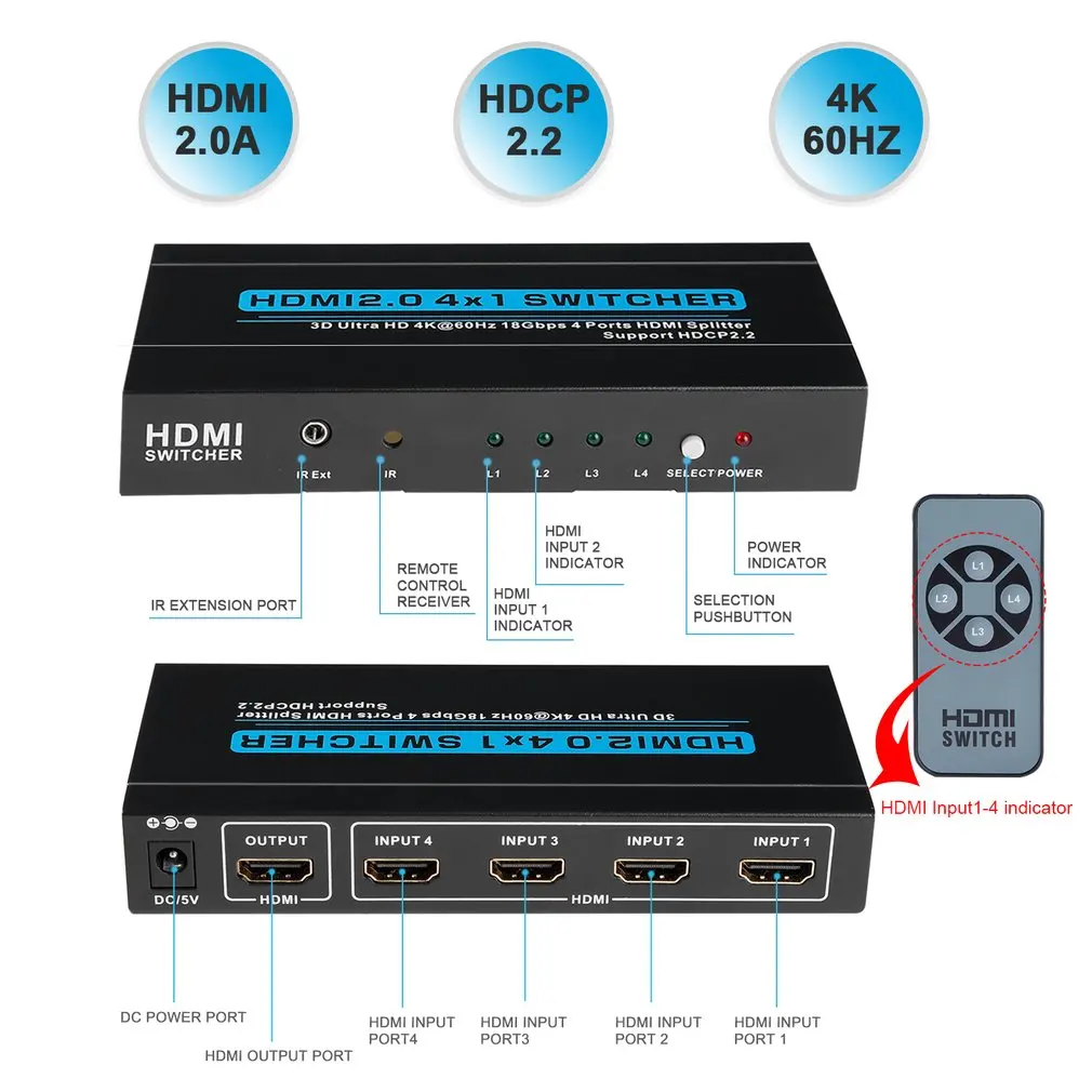 HDMI2.0 4x1 коммутатор 3D Ultra HD 4K @ 60 Гц 18 Гбит/с 4 порта HDMI сплиттер в 1 выход Поддержка