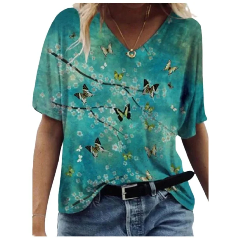

2021 Summer New Women's T-shirt Geometric Print Round Neck Casual Simple Short-sleeved T-shirt Femme Wn*