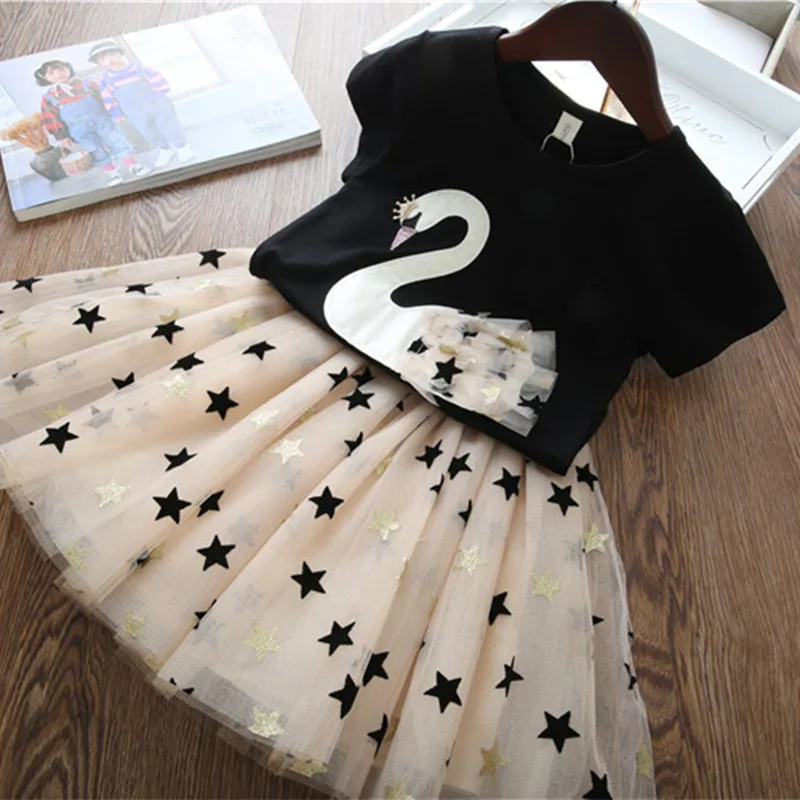 Girls Dress 2020 Summer Princess Girl Cartoon T- Shirt + Gauze 2PCS Set Children girls party dress kids dresses for | Детская одежда и