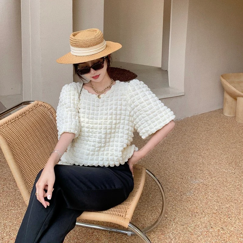 

ZAWAHIKI Vintage Elegant T-Shirts Women Summer 2021 O Neck Puff Short Sleeve Loose Solid Thin Tops Fashion Chic Short Ropa Mujer