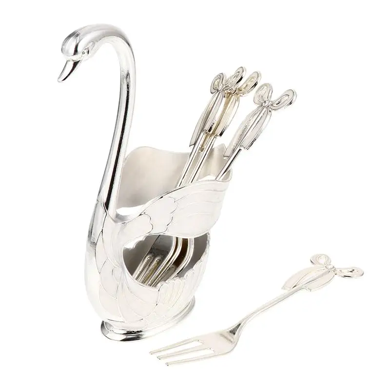 

Zinc Alloy Swan Fruit Base Holder Forks Set Salad Dessert Cake Snack Forks Household Fruit Forks Kitchen Tableware