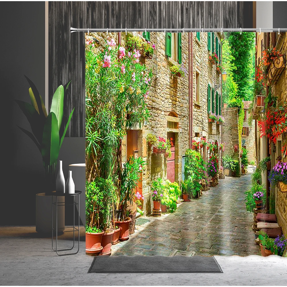 

European Style Printed Shower Curtains Town Street View Green Vine Flower Home Decor Polyester Bathroom Screen Washable Fabric