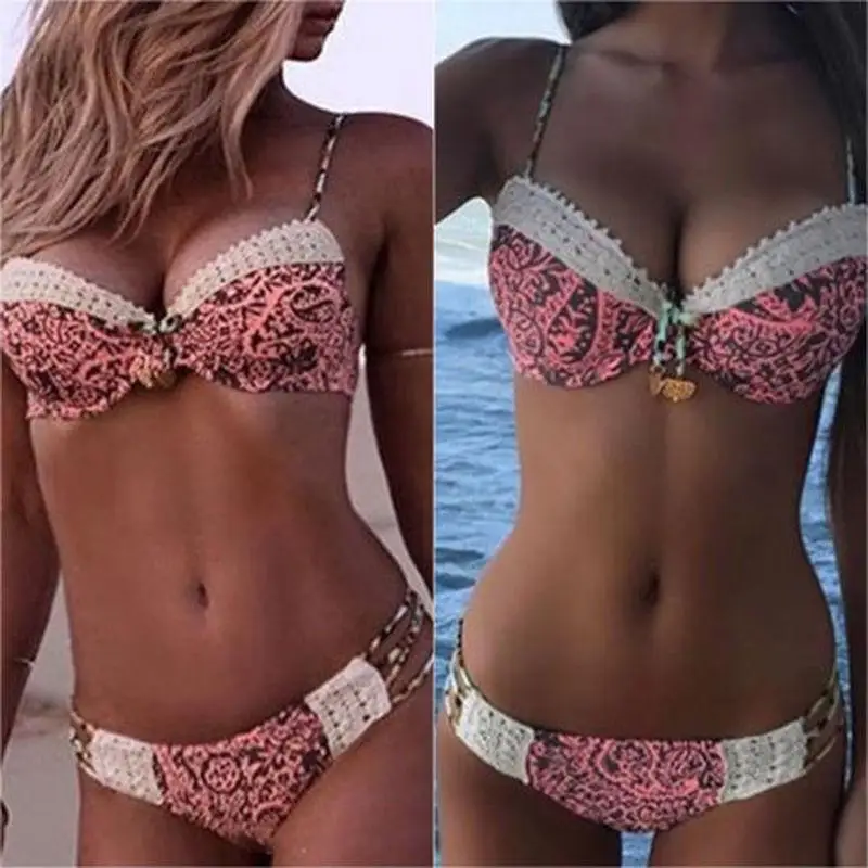 

Womens Color Contrast Bikini Sets Print Two Pieces Swimsuit Beachwear Bathing Suit Boho