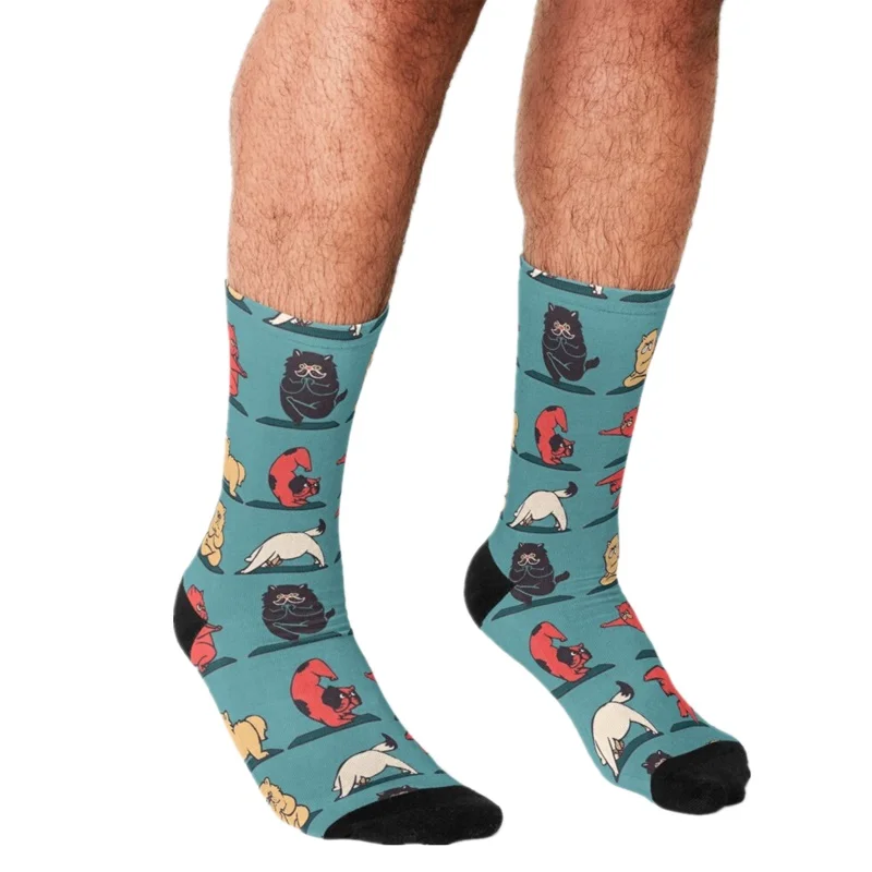 

2021 Funny Men's socks Cat Yoga Personality cartoon Printed hip hop Men Happy Socks cute boys street style Crazy Socks for men