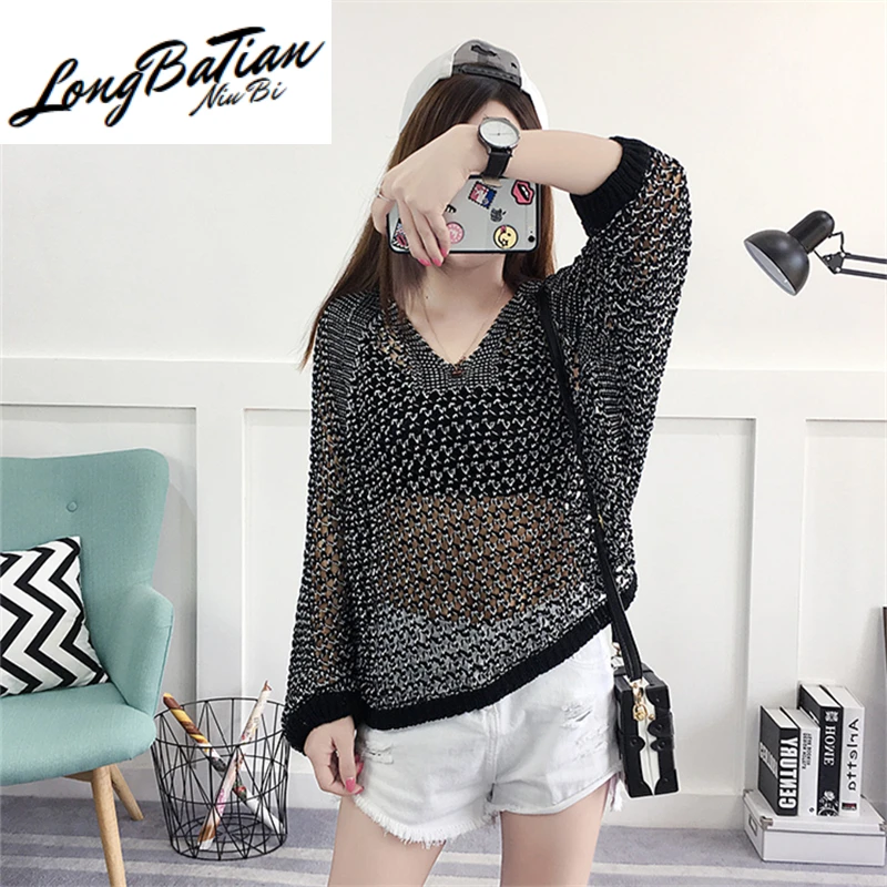 

Korean style Tops Hollow O-neck Long sleeve Jumper Ladies Pullover 2020 Spring Autumn Plus size Loose Women Knit Sweater