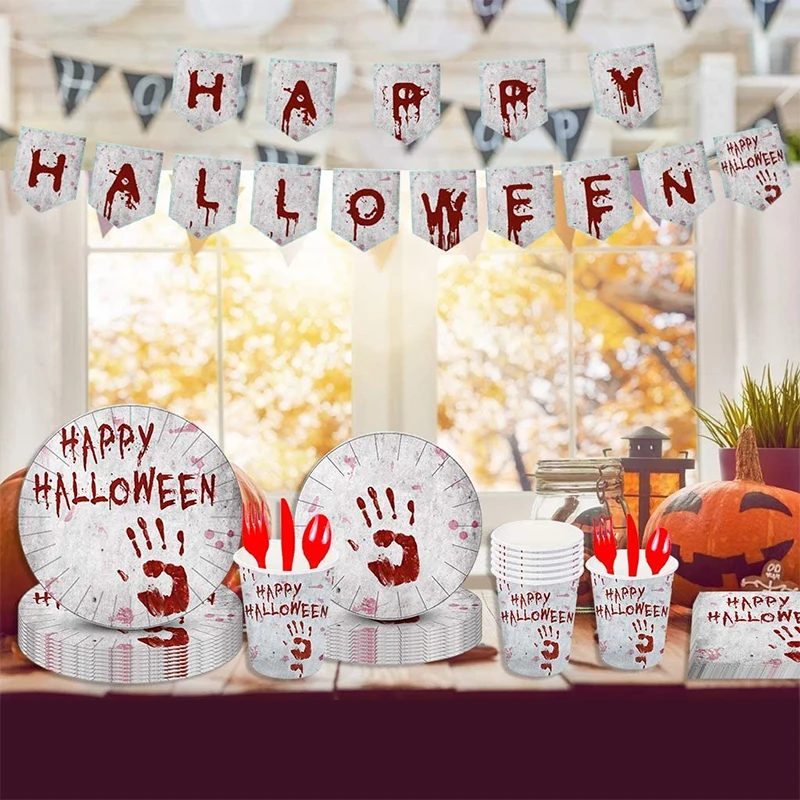 Кровавый отпечаток руки Хэллоуин посуда набор жуткий ужасающие бумажные