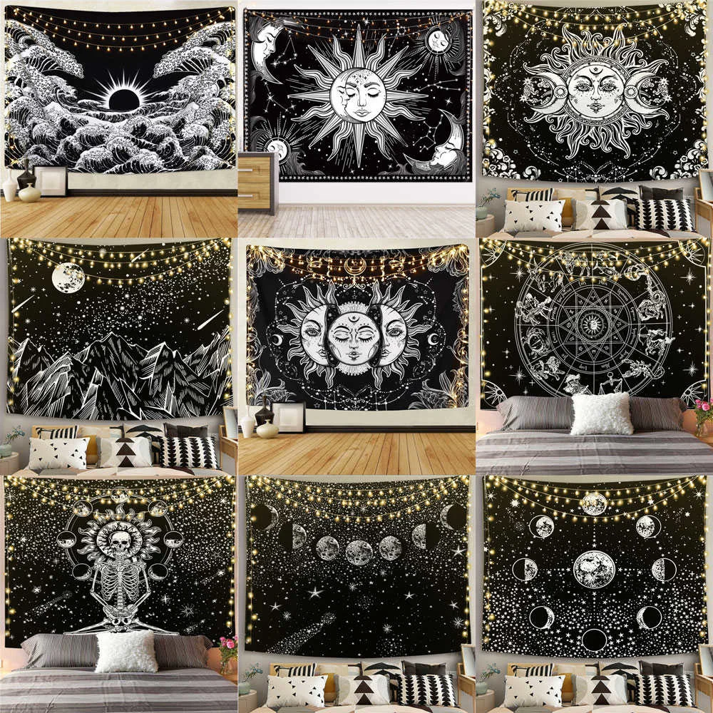 

Гобелен с мандалой, белым, черным солнцем и луной, настенные гобелены, украшения в стиле хиппи
