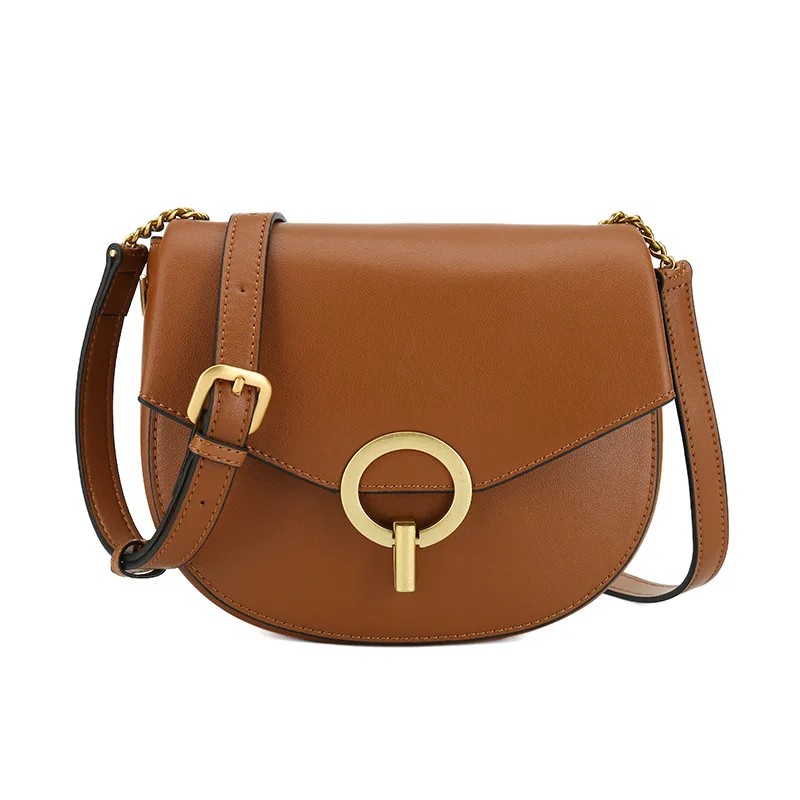 

2021 New Cowhide Leather Women's Bag Retro Round Buckle Semi-circle Latch Lock Saddle Shoulder Diagonal Half-moon Luxury Design