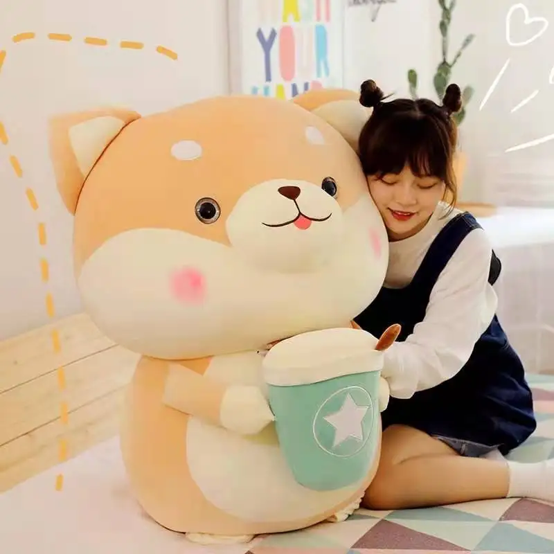 1Pcs Shiba Inu Dog Holding Bubble Tea Cup Plush Toys Cute Tuffed Soft Huggable Animal Boba Pillow Dolls for Girls Birthday Gifts | Дом и сад