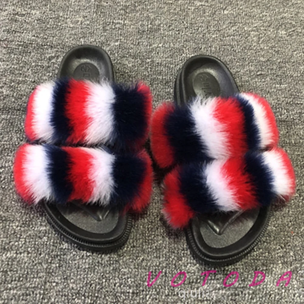 

Summer Women Fur Slippers Fluffy Faux Fur Sandals Outside Slides Plush Flat Soft Female Rainbow Flip Flops Woman Amazing Shoes