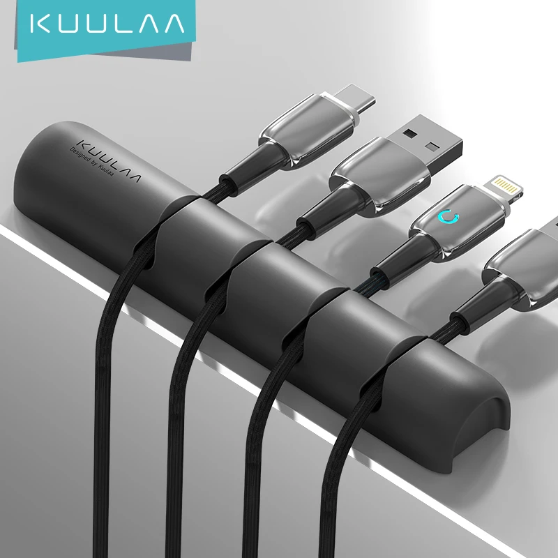 

KUULAA Silicone Phone Cable Organizer Holder 4 Core Clips Under Table Wire Cord Protector USB Cable Winder Management Desktop