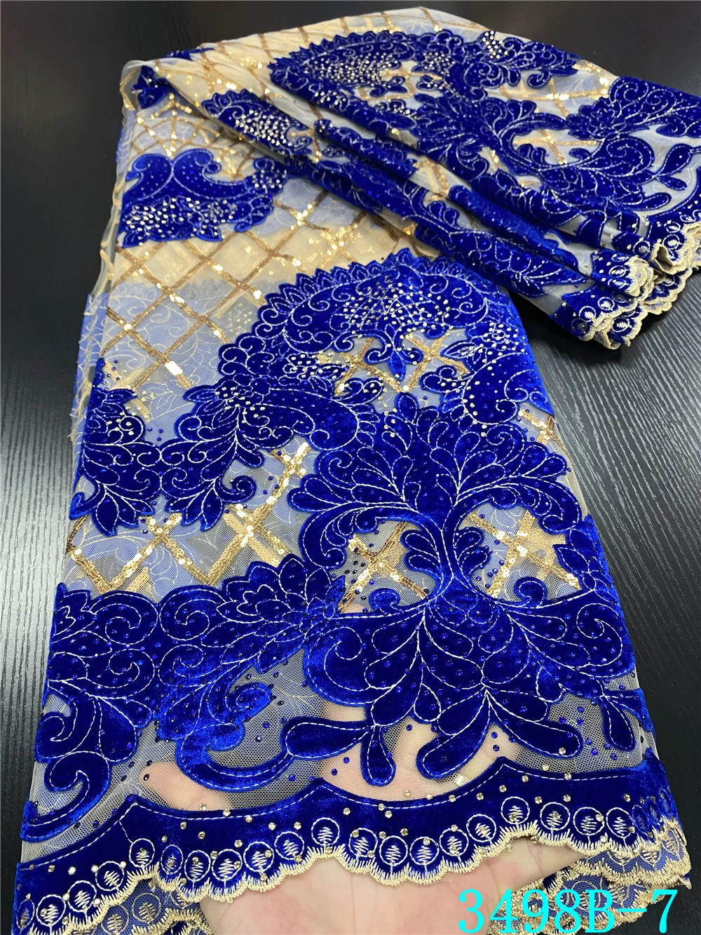 

Африканская бархатная кружевная ткань Королевского синего цвета с блестками, нигерийская французская кружевная ткань, 20201 высокое качеств...