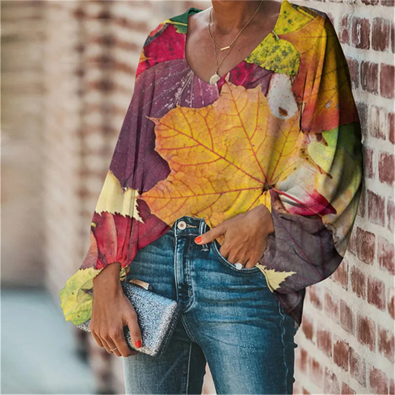 

Nopersonality Blouse Chiffon 3D Maple Leaf Pattern Women Blouse Vintage Ladies Long Sleeve Brand Clothes Tops for Lady 2021