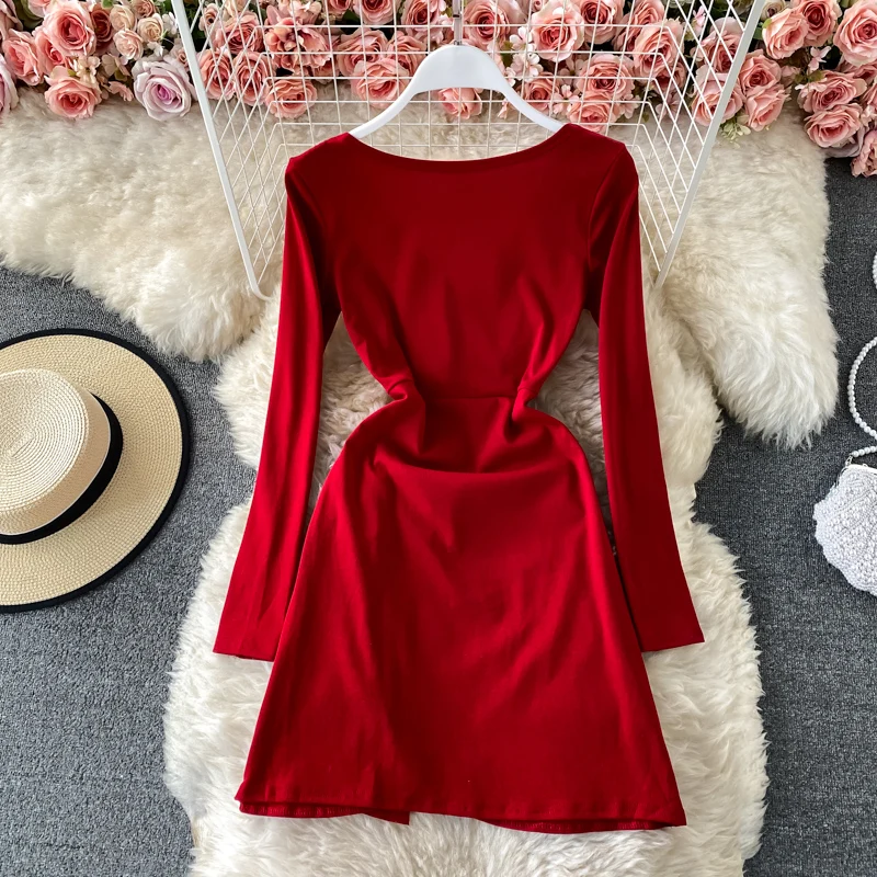 

Vintage Black/Red Irregular Mini Dress Women Sexy V-Neck Long Sleeve Ruffle High Waist A-Line Vestidos 2021 New Spring Autumn