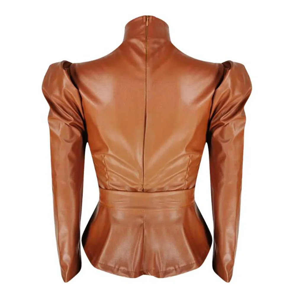 

Pink Tunic Leather Chemise Women Autumn PU Stand Long Sleeve Womens Tops And Blouses Casual Shirts Women 2021