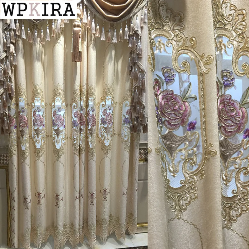 

Nordic Luxury Floral Curtain for Living Room Chenille Hollow Embroidered Tulle Curtain Lace Bottom Drape for Bedroom S556#C