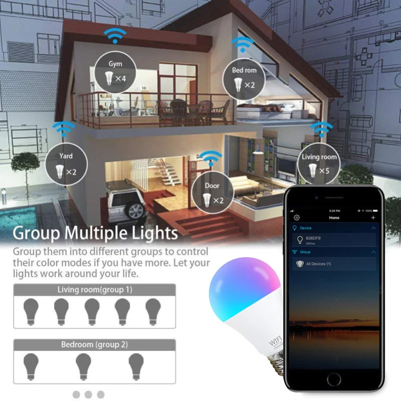 Fcmila 9W E27 E14 GU10 B22 смарт лампочка Wifi затемнения светильник RGB + CCT приложение