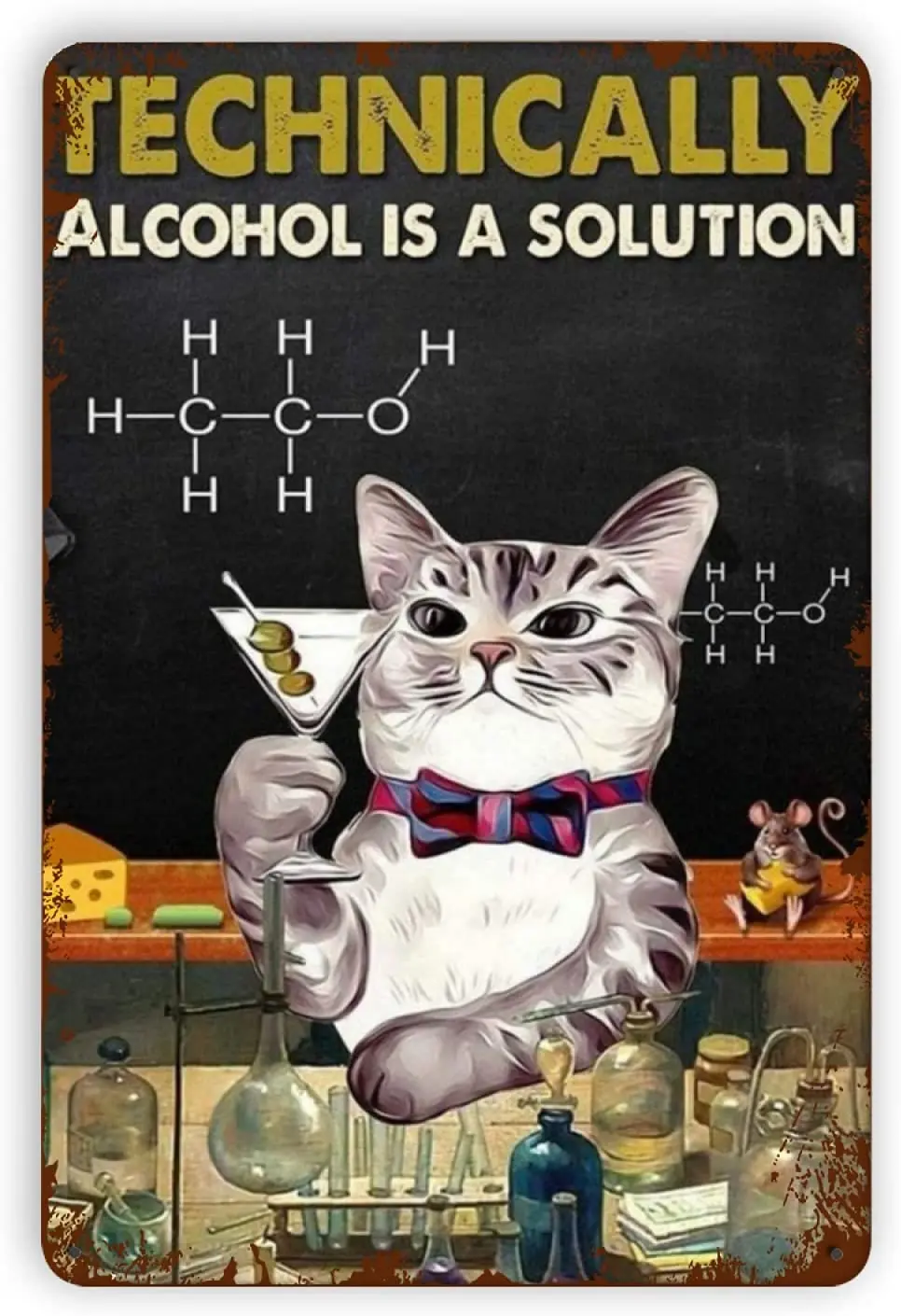 

Retro Metal Vintage Man Cave Tin Sign Wall Decor - Technically Alcohol Is a Solution Cat - Funny Fashion Garage Tin Sign Wall