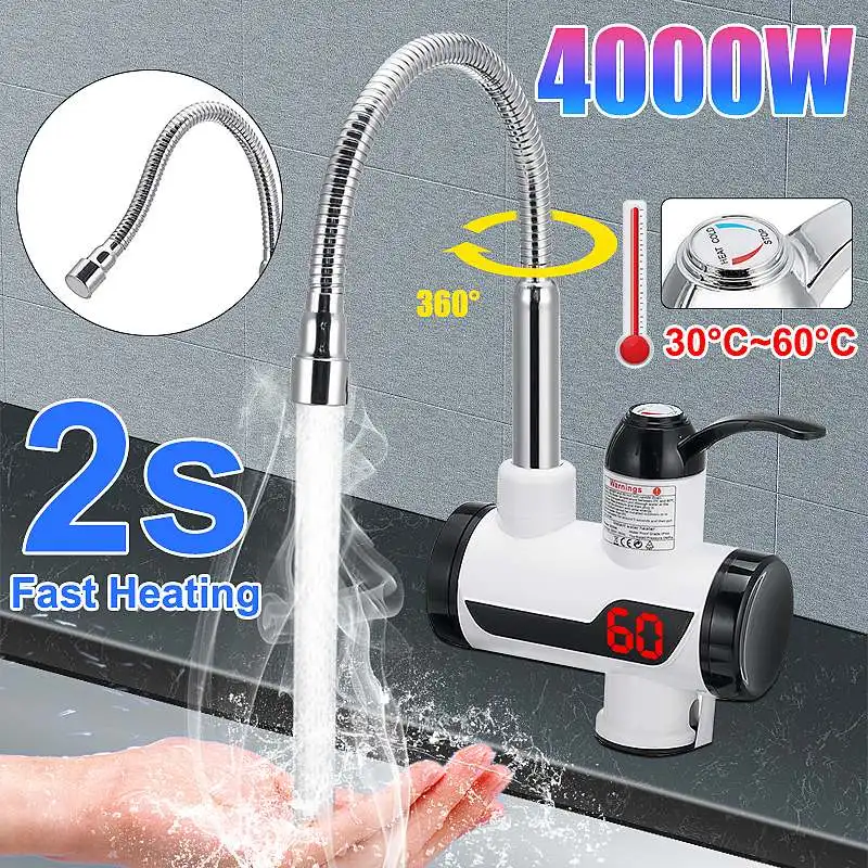 

EU Plug Instant Tankless Instant Electric Water Heater Temperature Display Water Heating Kitchen Hot 3000W Water Heater with LED