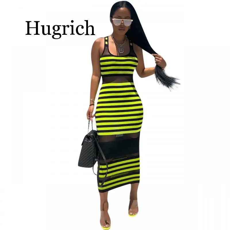 Женское длинное платье с запахом неоново зеленое принтом в полоску черное