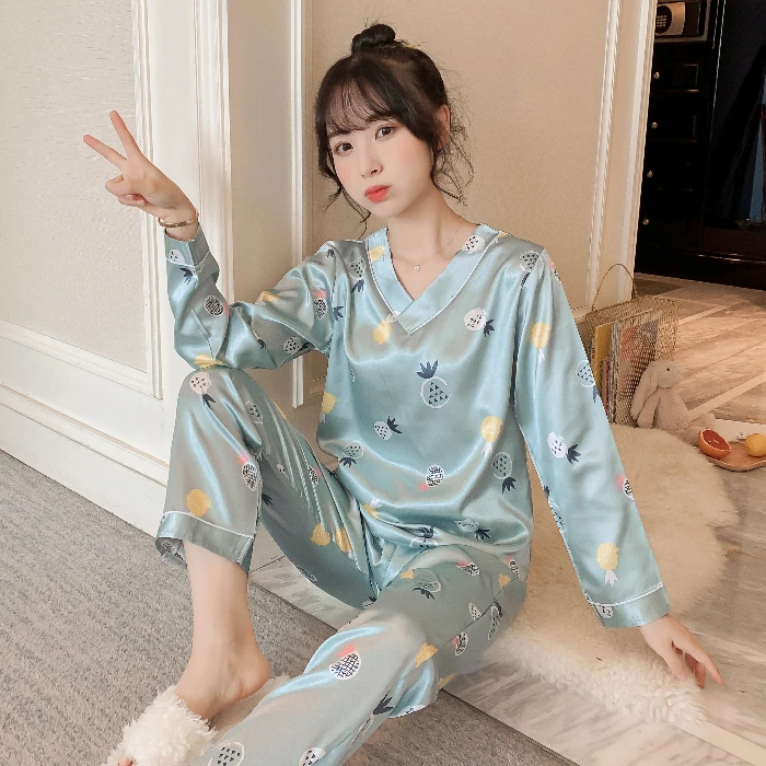 

Long Sleeve Silk Pajamas Sets for Women Autumn Satin Sleepwear Pyjamas Nightwear Set Young Girl Pijama Set femme V-neck homewear